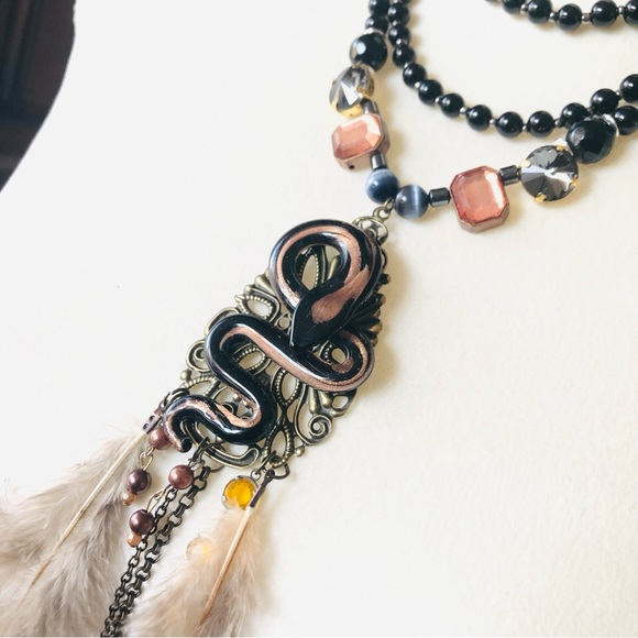 Handcrafted filigree snake Czech Pearl genuine onyx gemstone clasp necklace - Picture 8 of 12